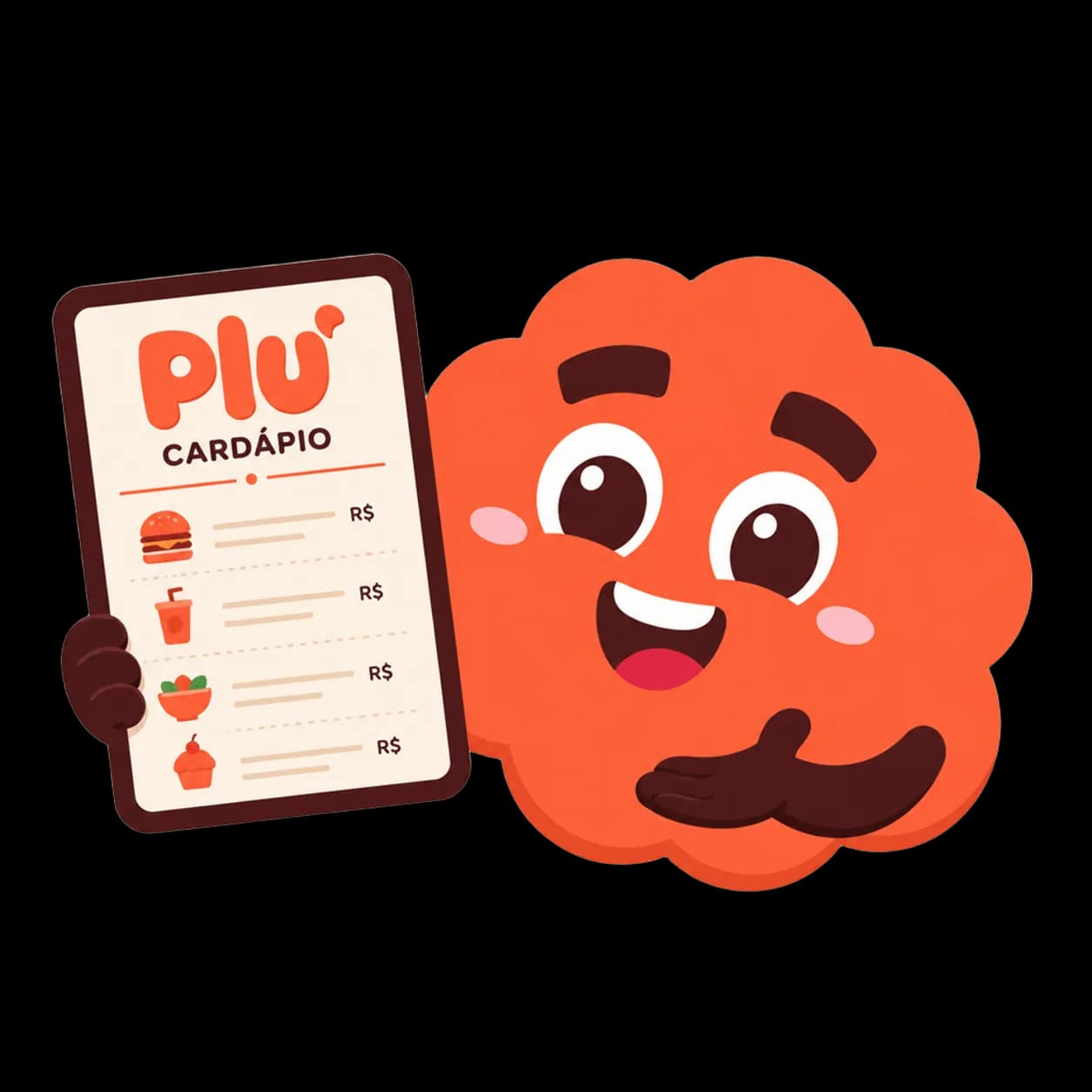 Mascote Plu apresentando o cardápio digital no balcão.