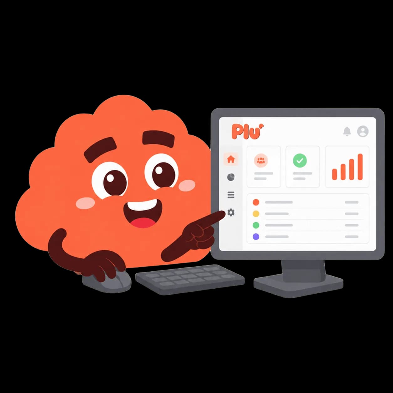 Mascote Plu apresentando o painel do Plu no computador.