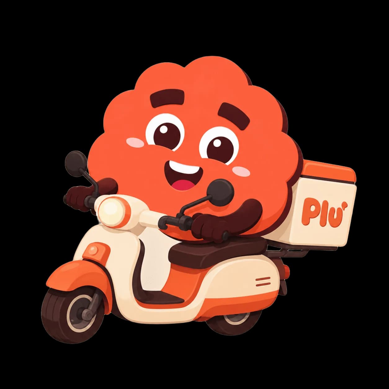 Mascote Plu fazendo entrega na moto.