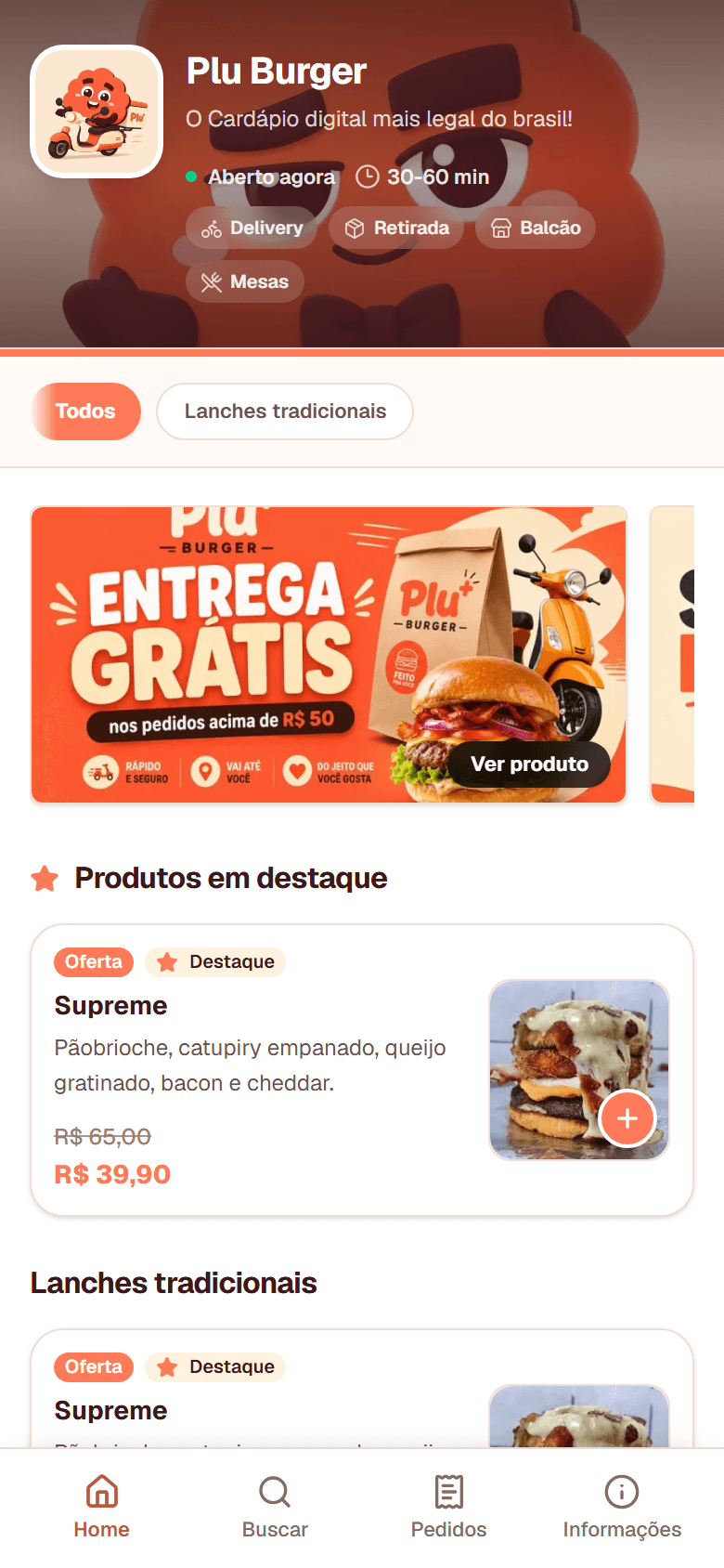 Tela do cardápio digital do Plu no celular do cliente.